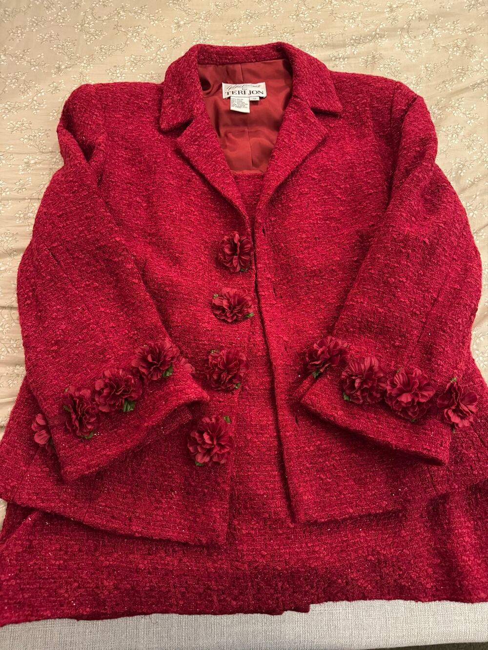 Teri Jon Red Bouclé Floral-Trim Blazer and skirt size 12
